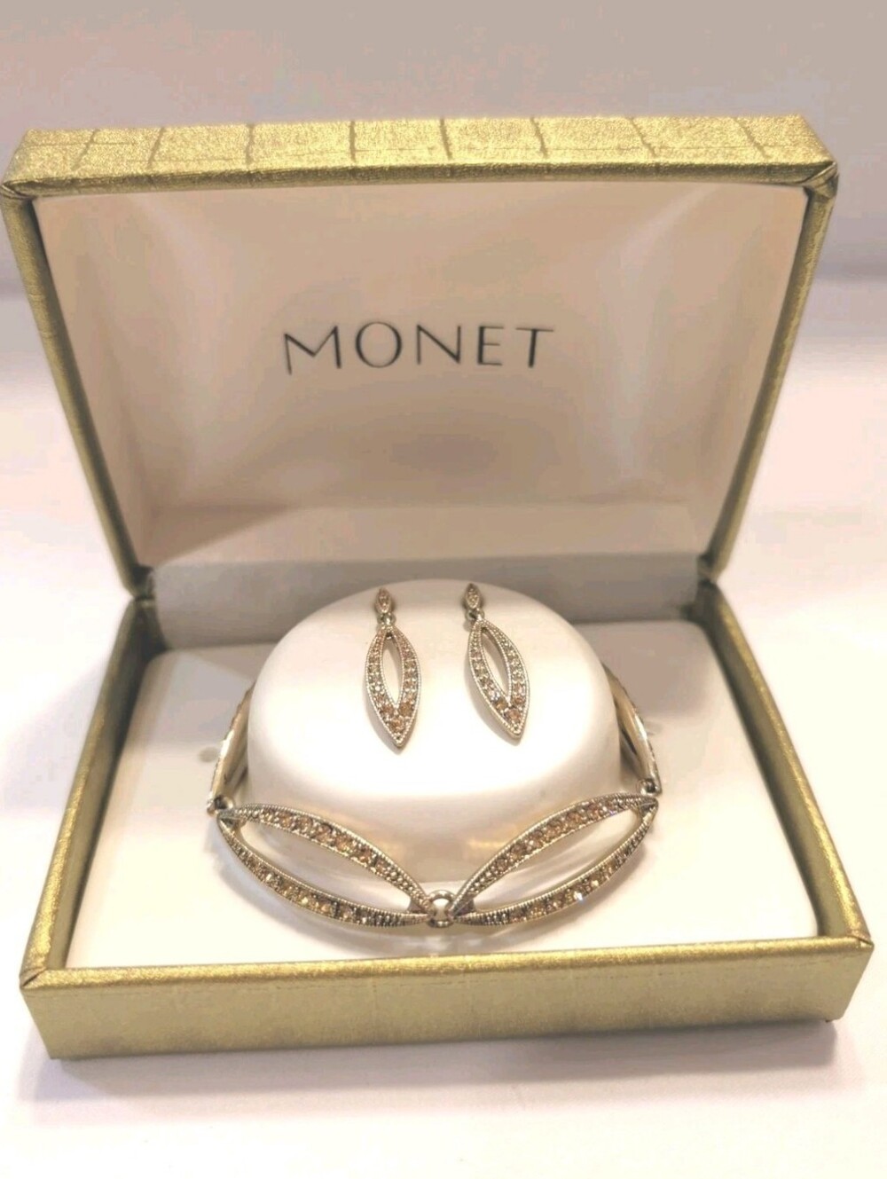 Monet Bracelet and Pierced Earring Set Goldtone Sparkling Yellow Stones Vintage